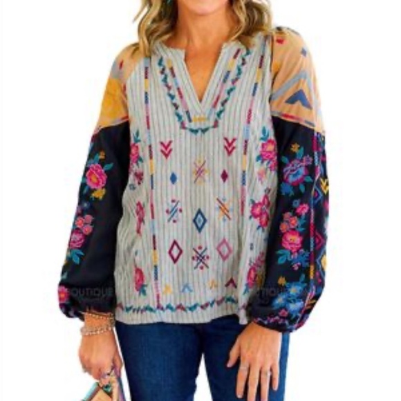 SAVANNA JANE KERRI EMBROIDERED PATCHWORK LS BOHO TOP SIZE 2X NWT - Picture 2 of 9